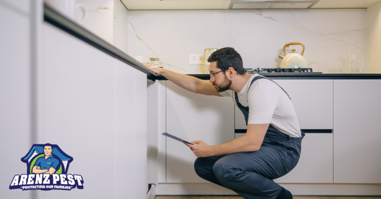 Man checking kitchen cabinet